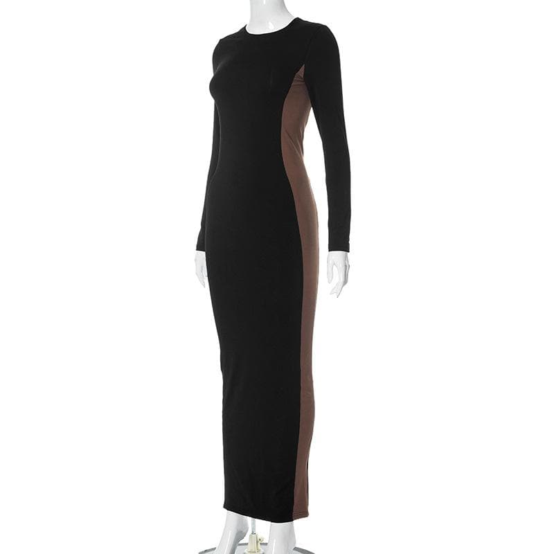 Contrast Side Panel Crew Neck Long Sleeve Bodycon Maxi Dress