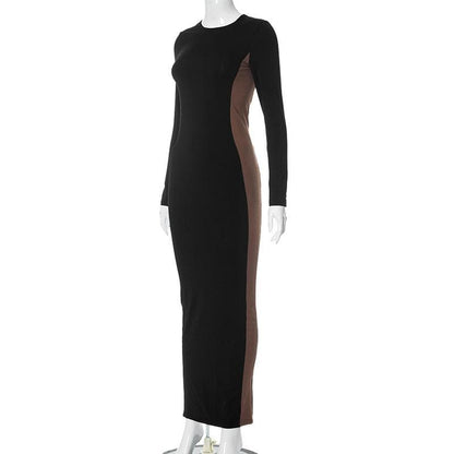 Contrast Side Panel Crew Neck Long Sleeve Bodycon Maxi Dress