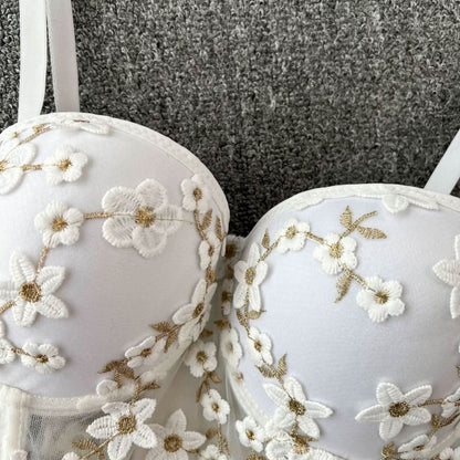 Embroidery padded bustier flower applique cami top