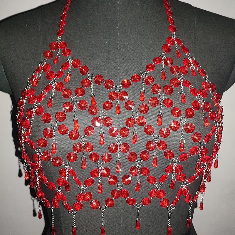 Metal chain plastic crystal halter backless crop top