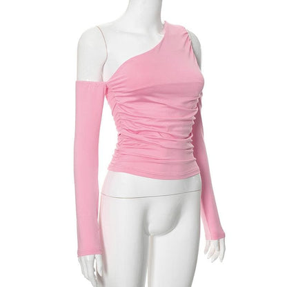 Long sleeve one shoulder irregular ruched solid top