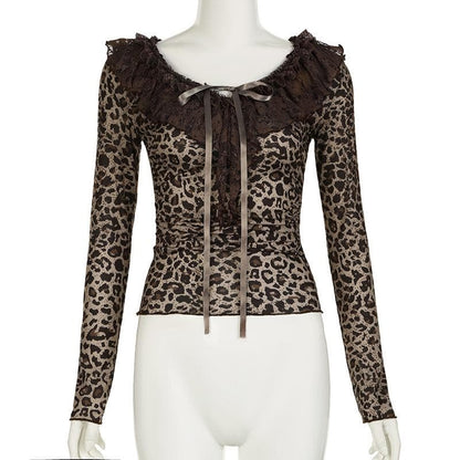 Long sleeve ruffle leopard print bowknot ribbon top