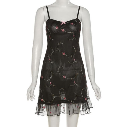 Mesh ruffle backless flower embroidery contrast cami mini dress