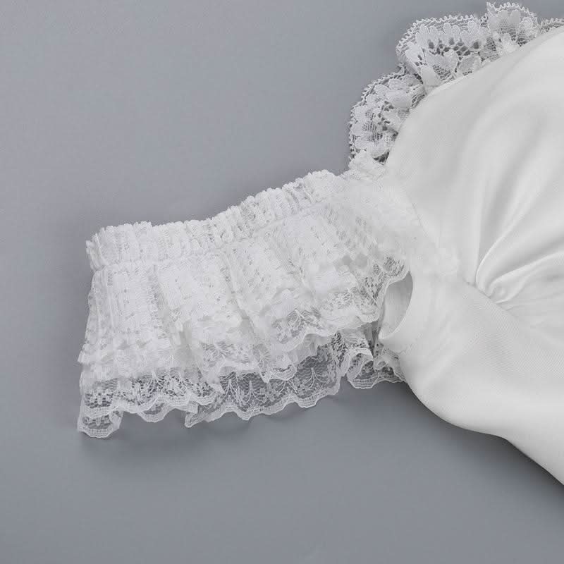 Lace hem off shoulder ruched smocked top