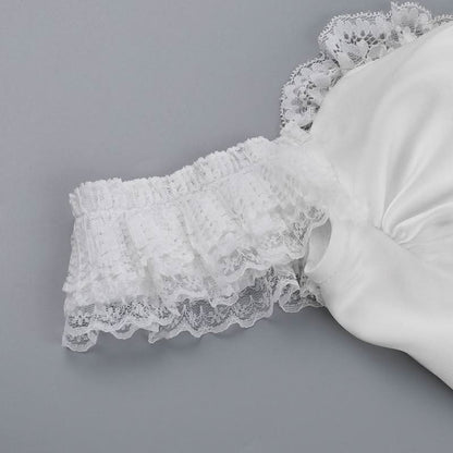 Lace hem off shoulder ruched smocked top