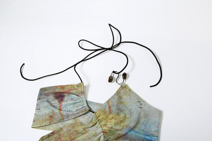 Halter drawstring tie dye irregular sheer mesh maxi dress