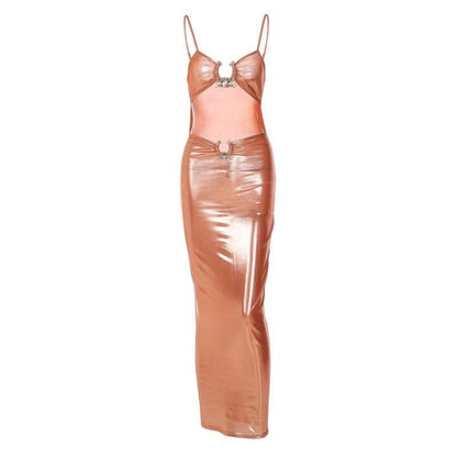 Hollow out metallic ruched backless metal applique cami cut out maxi dress-final-sale