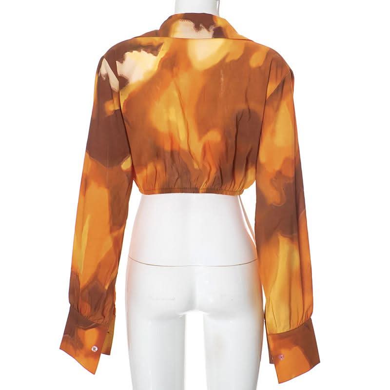 Button long sleeve ruched turnover collar print top