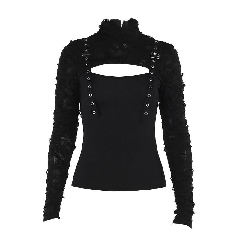Long sleeve high neck hollow out buckle cut out top