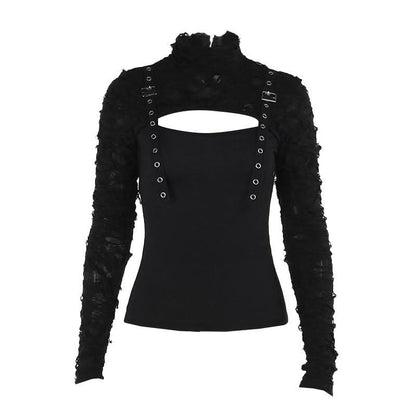 Long sleeve high neck hollow out buckle cut out top