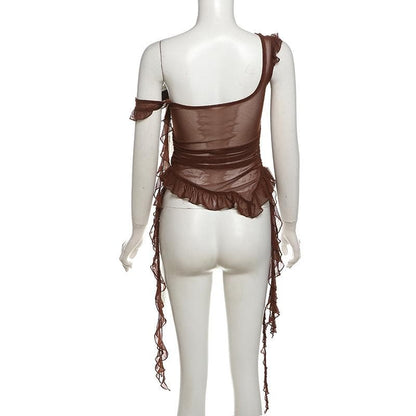 Flower applique lace hem mesh irregular cami top