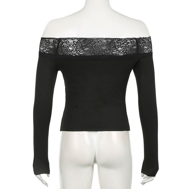 Off shoulder long sleeve lace hem abstract top
