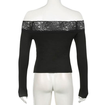 Off shoulder long sleeve lace hem abstract top