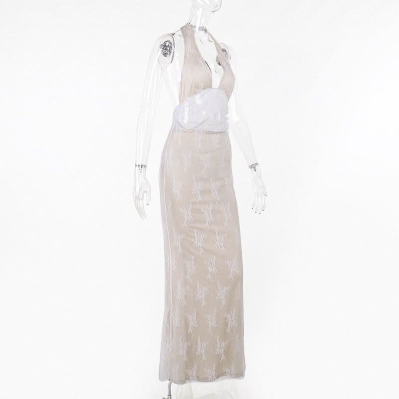 Halter v neck lace backless maxi dress