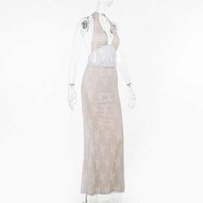 Halter v neck lace backless maxi dress