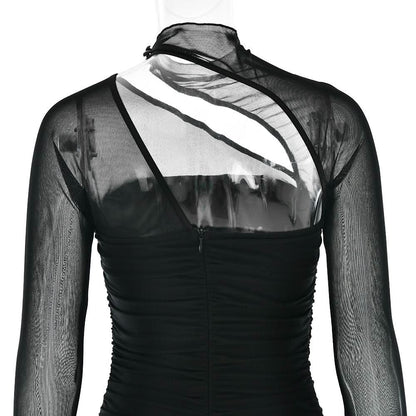 Long sleeve mesh ruched maxi dress