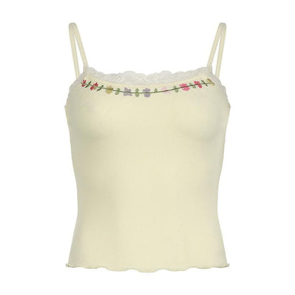 U neck ribbed embroidery ruffle cami top