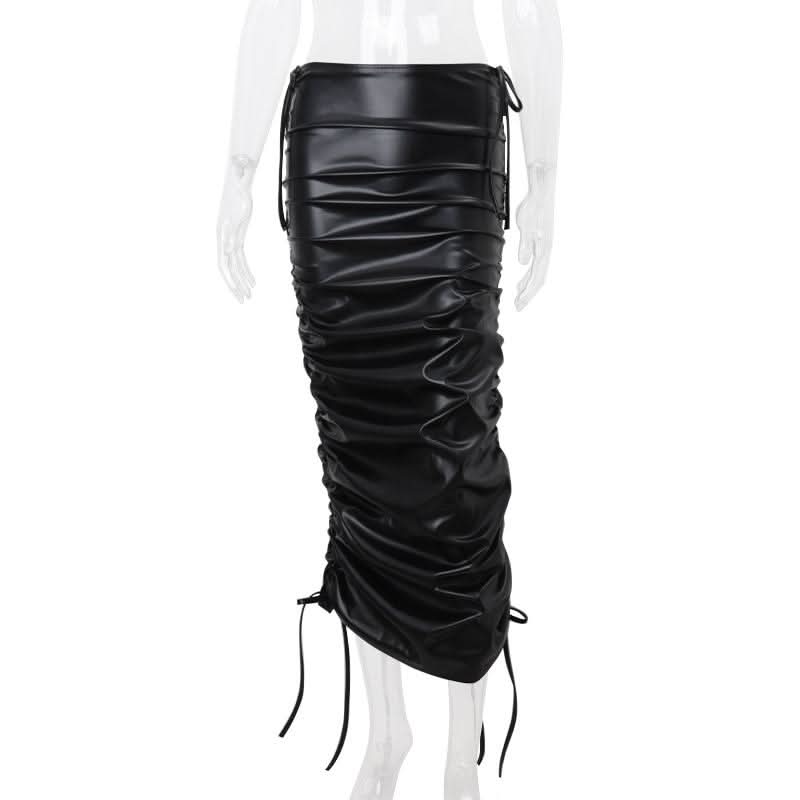 Ruched self tie PU leather solid midi skirt
