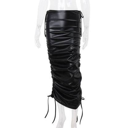 Ruched self tie PU leather solid midi skirt