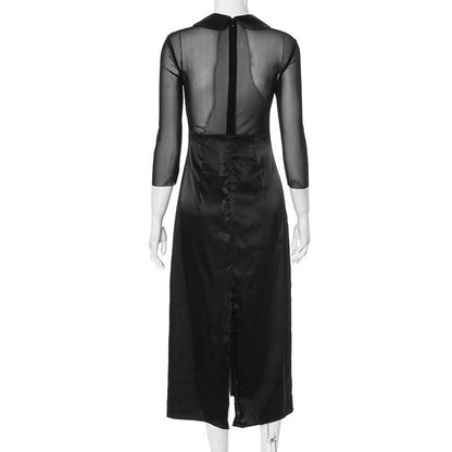 Turnover collar long sleeve sweetheart pattern mesh maxi dress