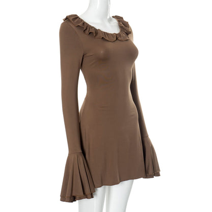 Long flared sleeve ruffle round neck ruched mini dress