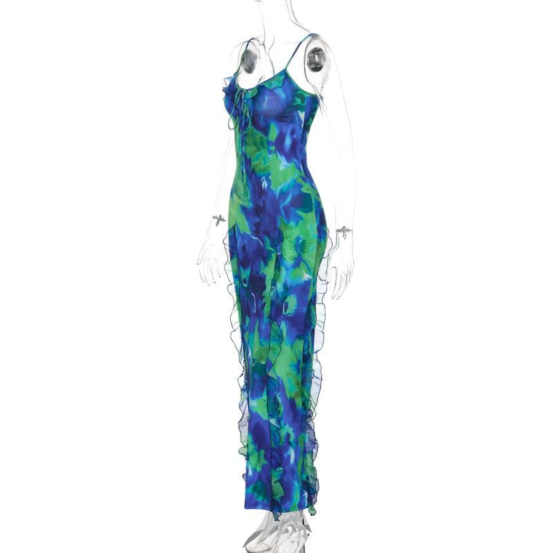 Tie dye ruffle cami maxi dress