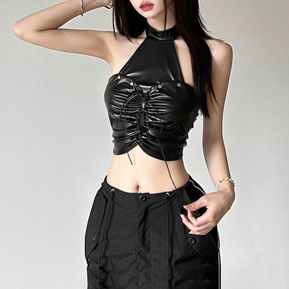 Halter backless PU leather zip-up crop top
