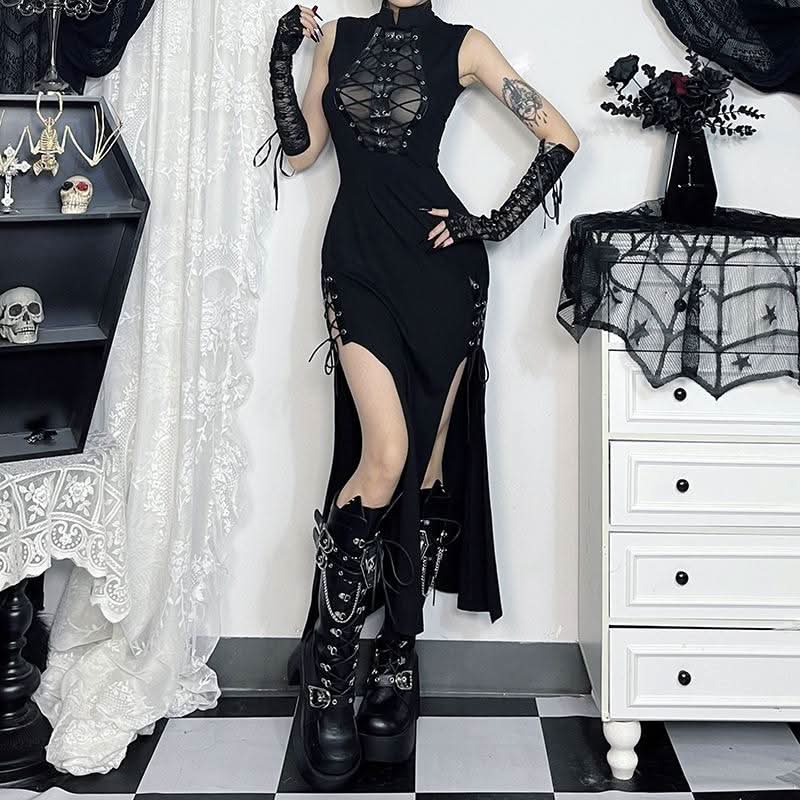 Zip-up high slit lace up see through high neck midi dress