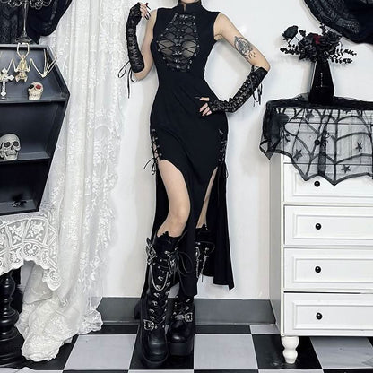 Zip-up high slit lace up see through high neck midi dress