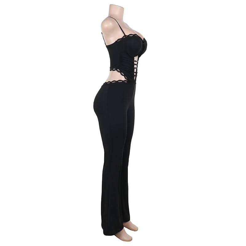 Hollow out lace hem v neck corset cami jumpsuit