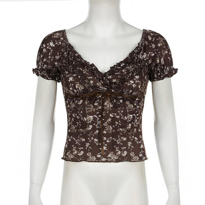 Short shoulder flower print ruffle top