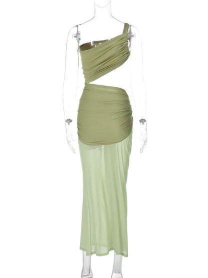 One shoulder ruched hollow out mesh cut out maxi dress