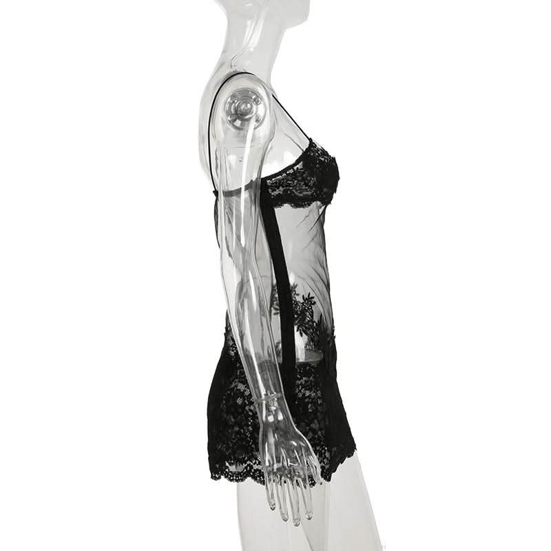 V neck mesh lace cami mini dress