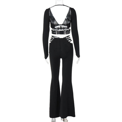 Long sleeve o ring button wide leg low rise pant set