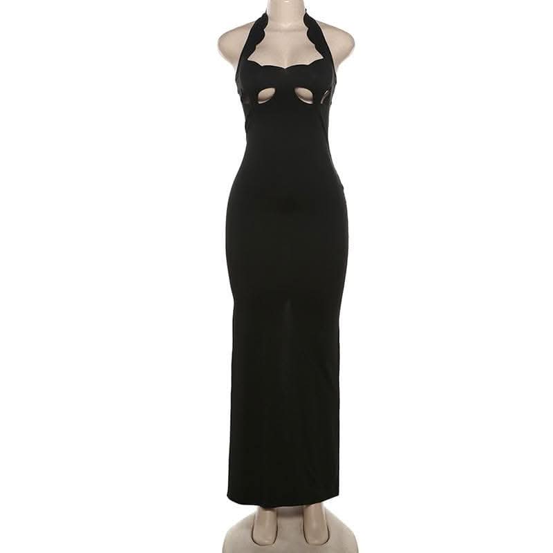 Halter hollow out backless high slit cut out maxi dress-final-sale