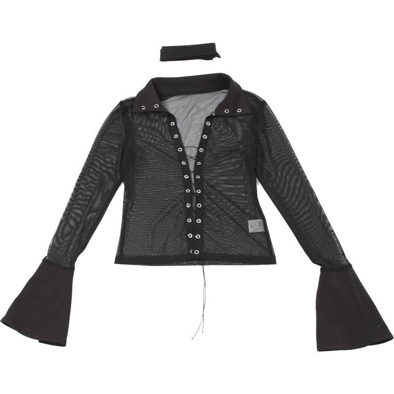 Turnover collar long sleeve mesh self tie top