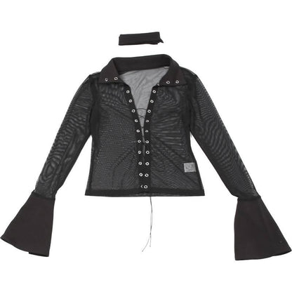 Turnover collar long sleeve mesh self tie top
