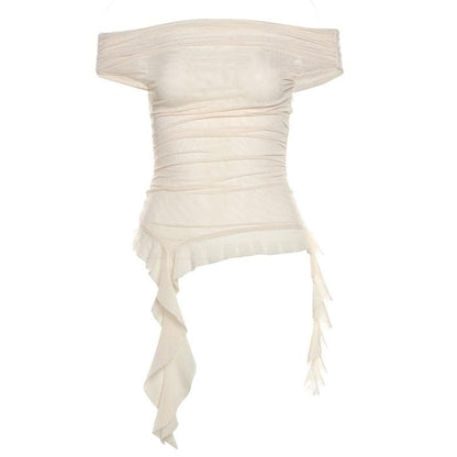 Off shoulder sheer mesh ruffle top