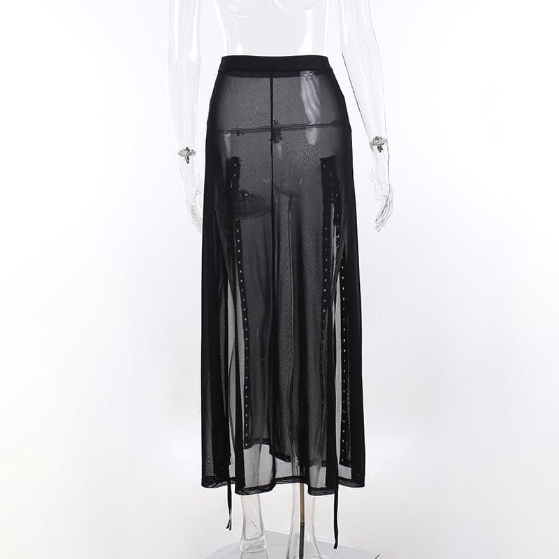 Sheer mesh see through lace up slit solid maxi skirt