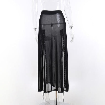 Sheer mesh see through lace up slit solid maxi skirt