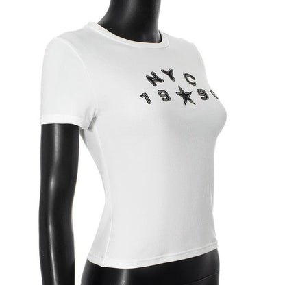 Short sleeve ruched letter pattern top