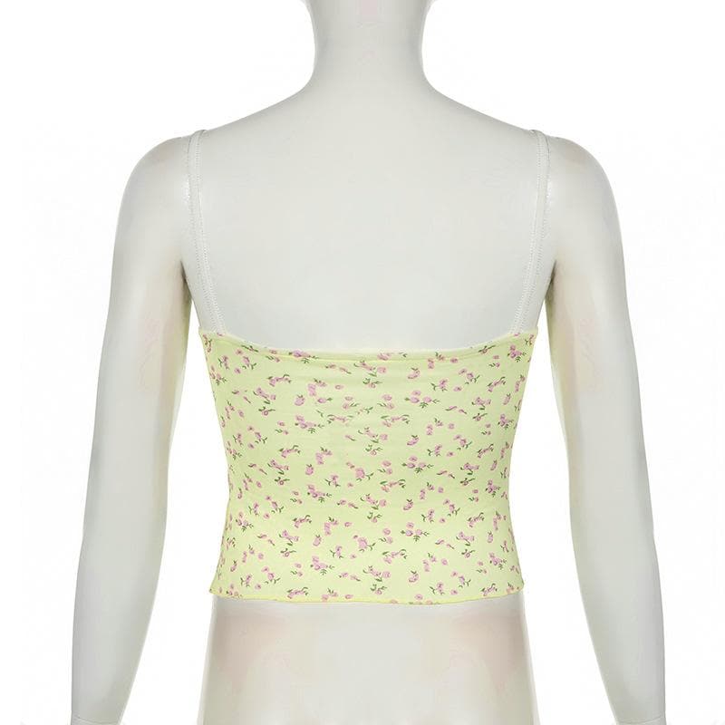 Bowknot flower print ruched ruffle cami top