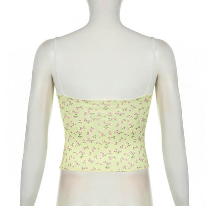 Bowknot flower print ruched ruffle cami top