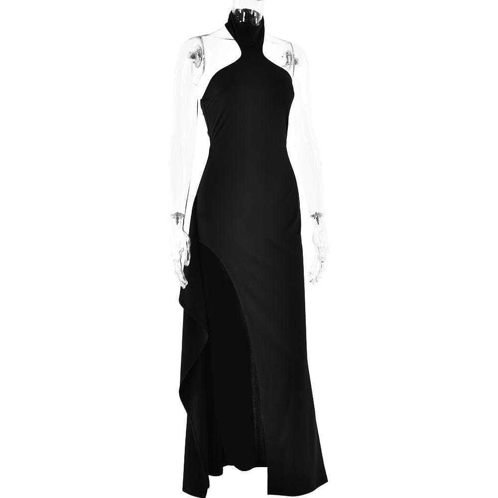 Halter high slit zip-up irregular maxi dress