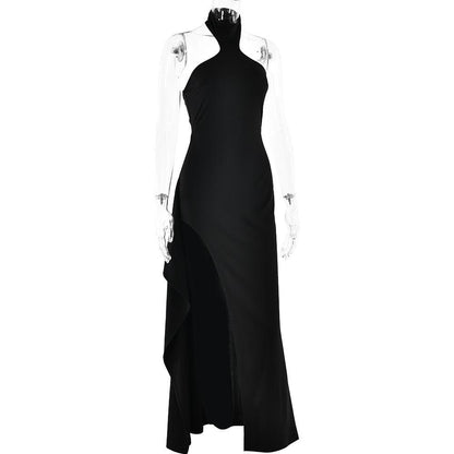 Halter high slit zip-up irregular maxi dress