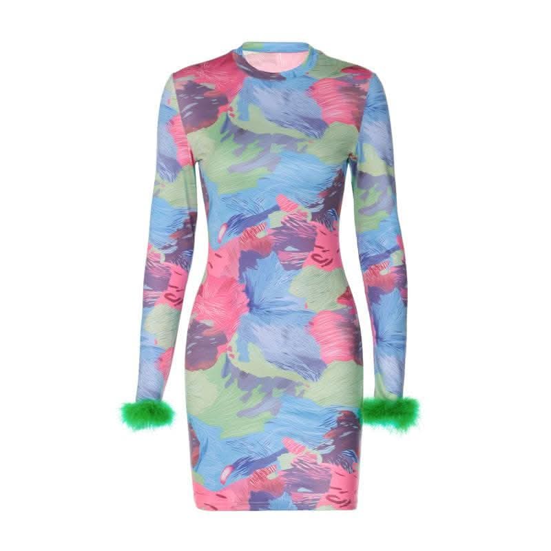 Feather crewneck contrast print long sleeve mini dress-final-sale