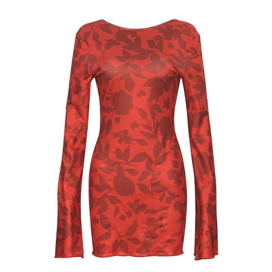 Long sleeve leopard print self tie backless mini dress