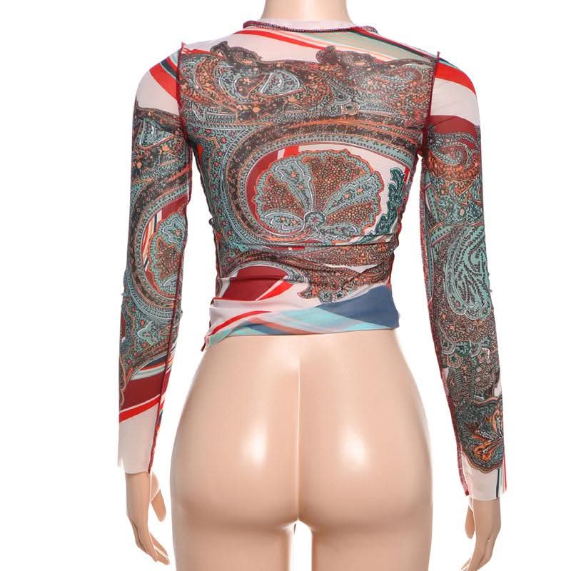 Long sleeve crewneck mesh abstract print top