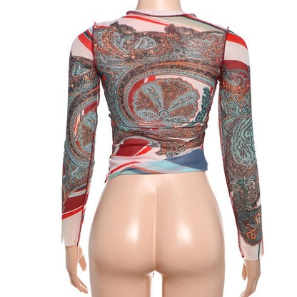 Long sleeve crewneck mesh abstract print top