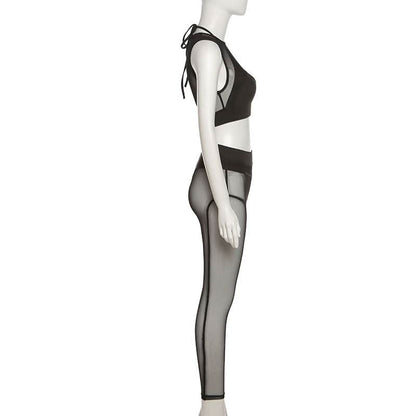 Crewneck hollow out mesh medium rise pant set
